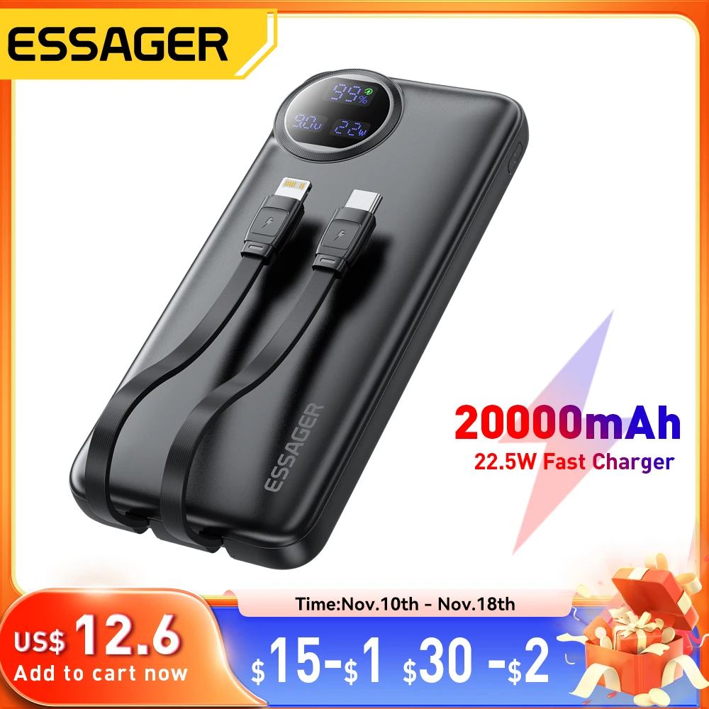 Essager 20000mAh Portable Power Bank With 2 Cables 22.5W Digital Display Powerbank For iPhone 15 14 Samsung Huawei Power Bank