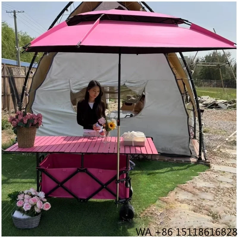 420L High Quality 4-Position Height Adjustable Heavy Duty Folding Wagon with Canopy Pink Wide Wheels for Camping & Vendor's Cart