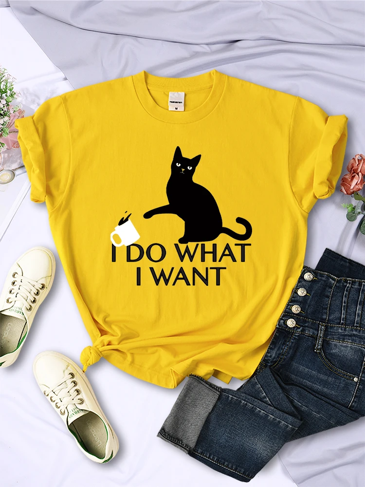 Black Cat I Do What I Want Letter Women T Shirts Fashion Soft Creative Short Sleeve Vintage Casual Breathable Womans Tee Clothes