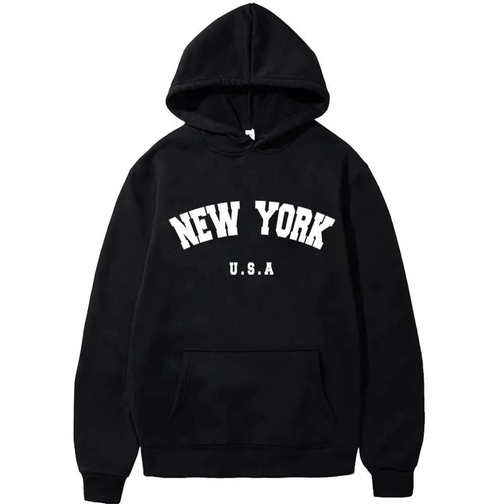 Men's Plus Size New York USA City Printed Hoodie, Fashion Letter Graphic Print Sweatshirt, Loose Casual Harajuku Hooded Pullover