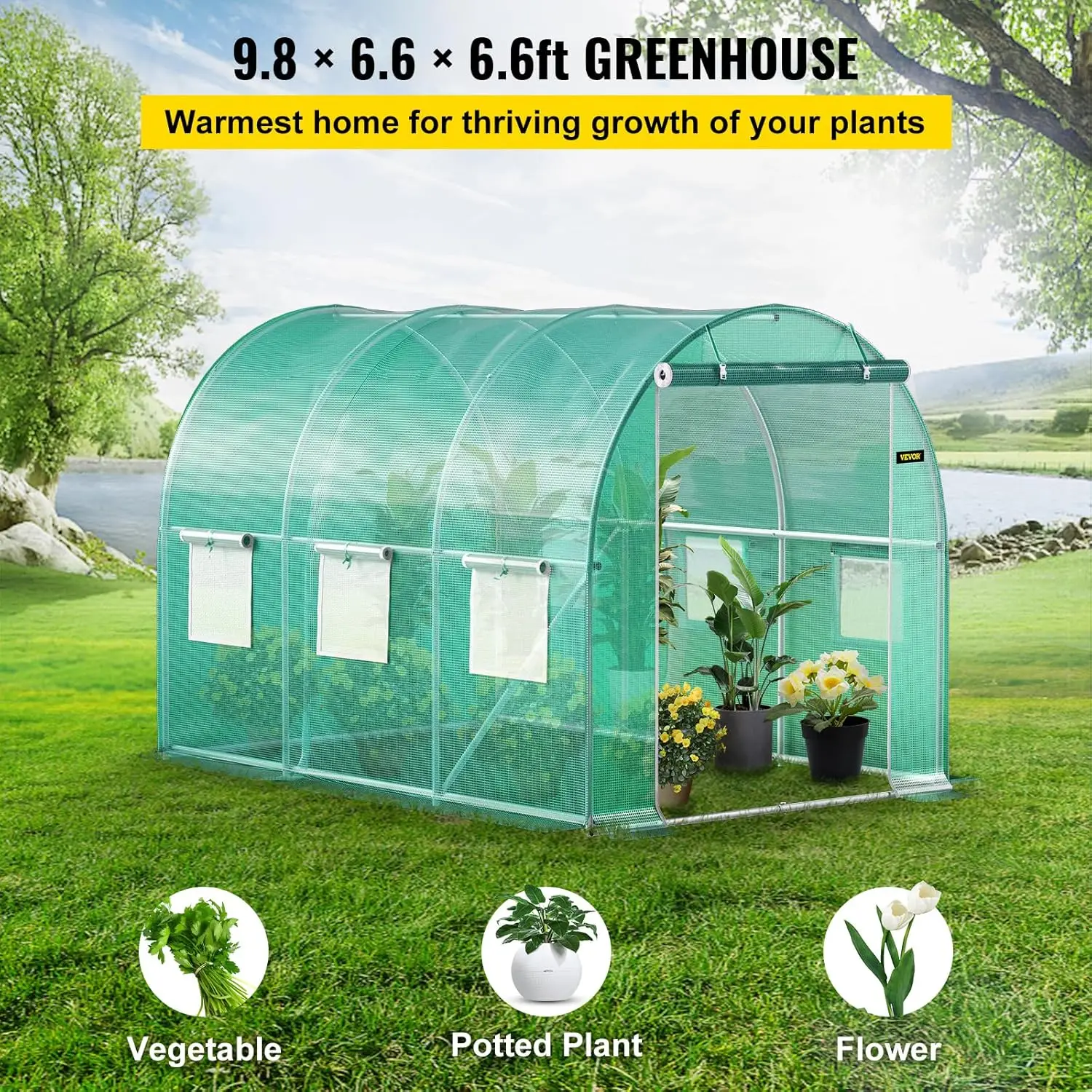 Walk-in Tunnel Greenhouse, 9.8 x 6.6 x 6.6 ft Portable Plant Hot House w/ Zippered Door, 6 Roll-up Windows, Galvanized Ste