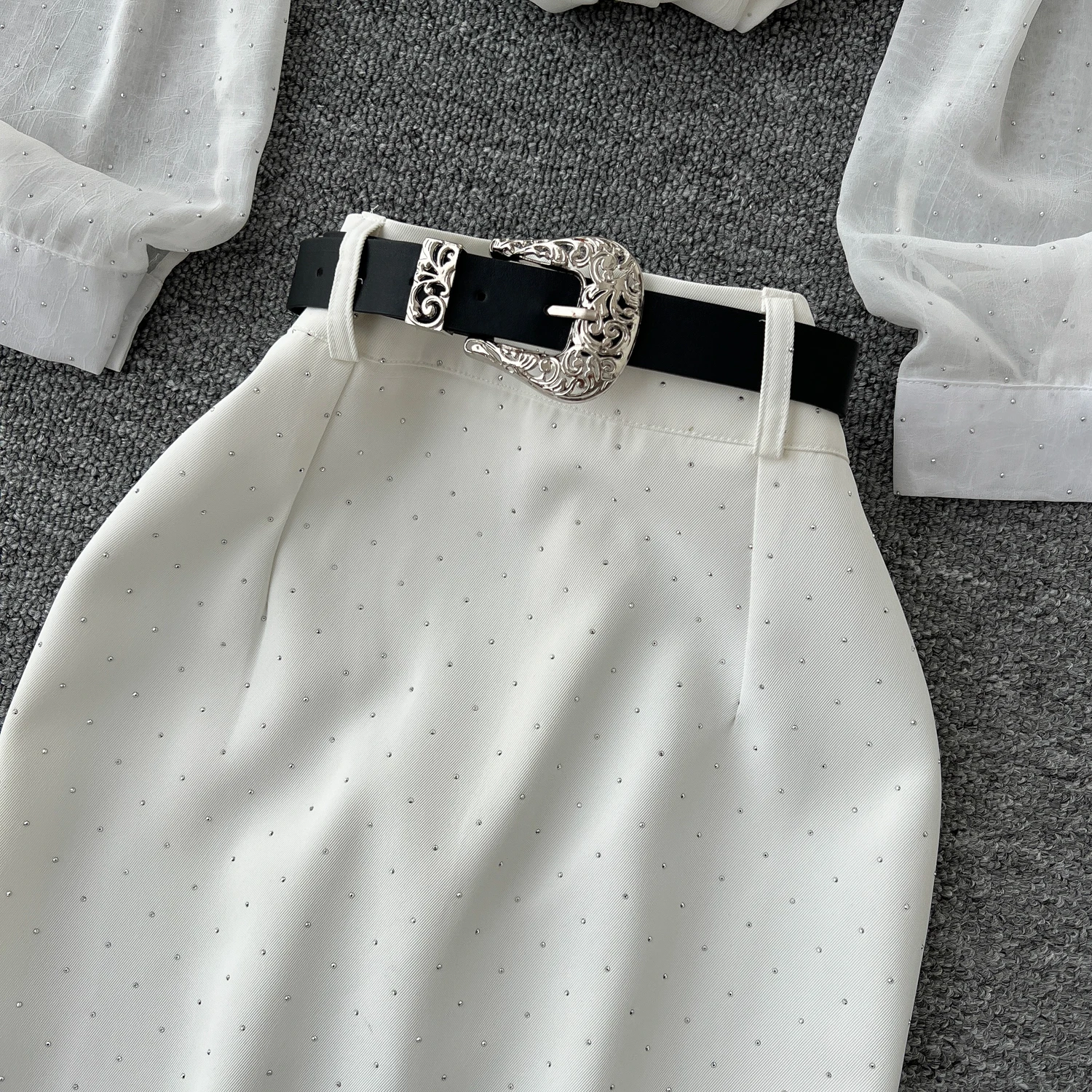 Haut chic à pois pour femmes, manches longues bouffantes, col rabattu, simple boutonnage, jupe ceinture taille haute, ensembles High Street, automne