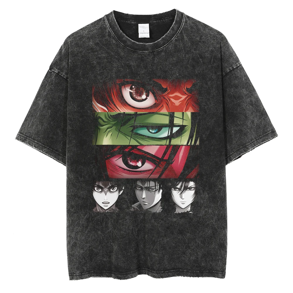 Attack on Titan Manga Tshirt Eren Jager T Shirt Men Women T-shirt Vintage Washed Cotton Clothing Summer Short Sleeves Tee Tops