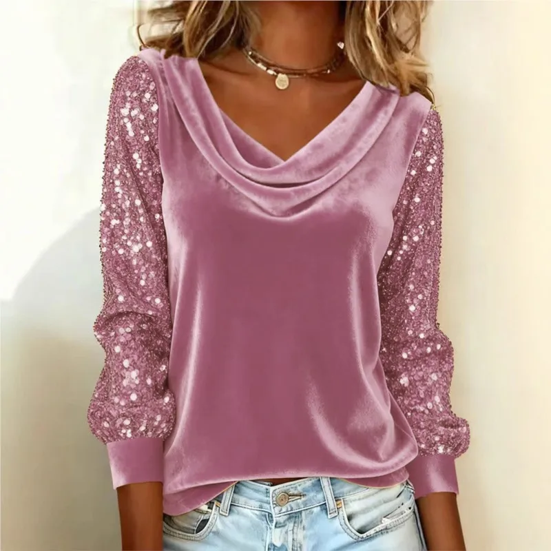 Autumn Golden Velvet Women's Long Sleeve Top Fashion V-neck Sequin Patchwork Design Loose Tops Ladies Stylish Versatile Clothing