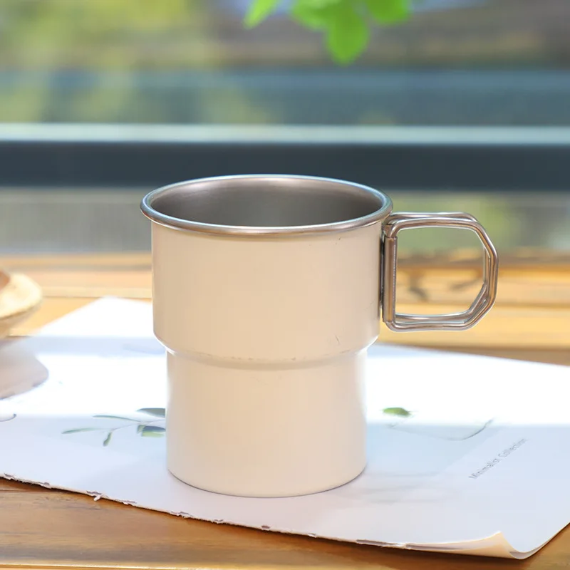 1PCS Stainless Steel Step Cup with Handle, Outdoor Camping Coffee Mug for Hiking Rolled Rim Design Single-Layer Drinking Cup