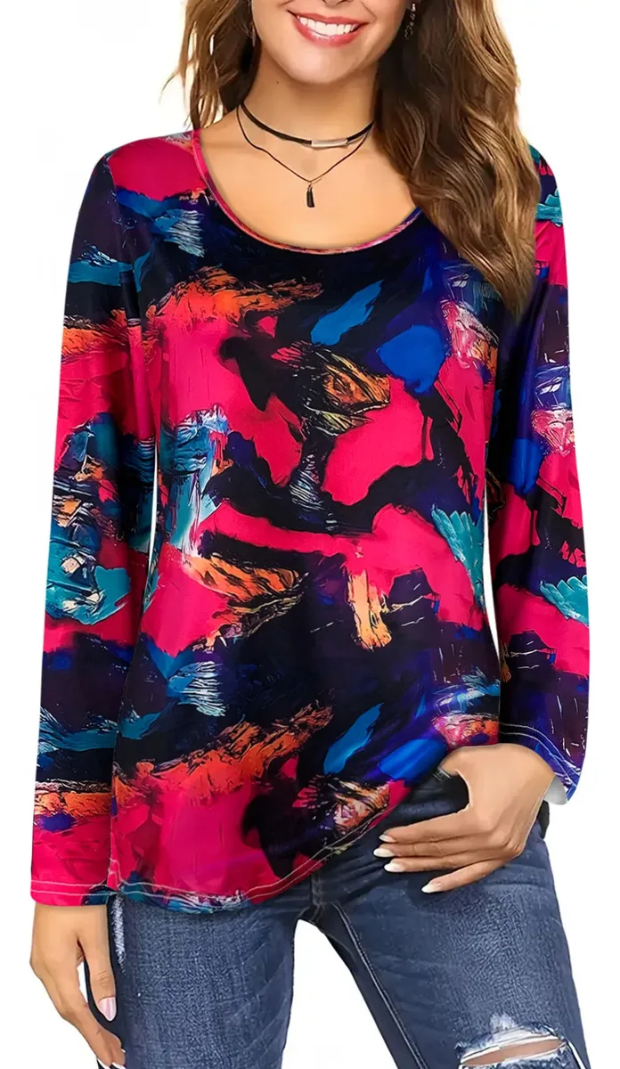Women Round Neck Long Sleeve T-Shirt Colorful Abstract Brush Stroke Print Casual Loose Blouse Top