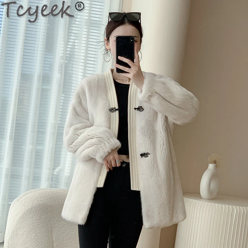 Tcyeek Natural Mink Fur Coat Women Belt Winter Women's Fur Jacket 2023 Mid-long Whole Mink Jackets Ladies Elegant Real Fur Coats