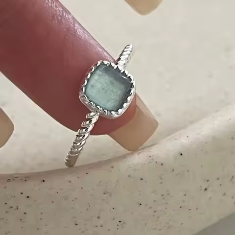 925 Sterling Silver Rings For Women Geometric Fine Jewelry Finger Adjustable Square Green Stone Ring For Party Birthday Gift