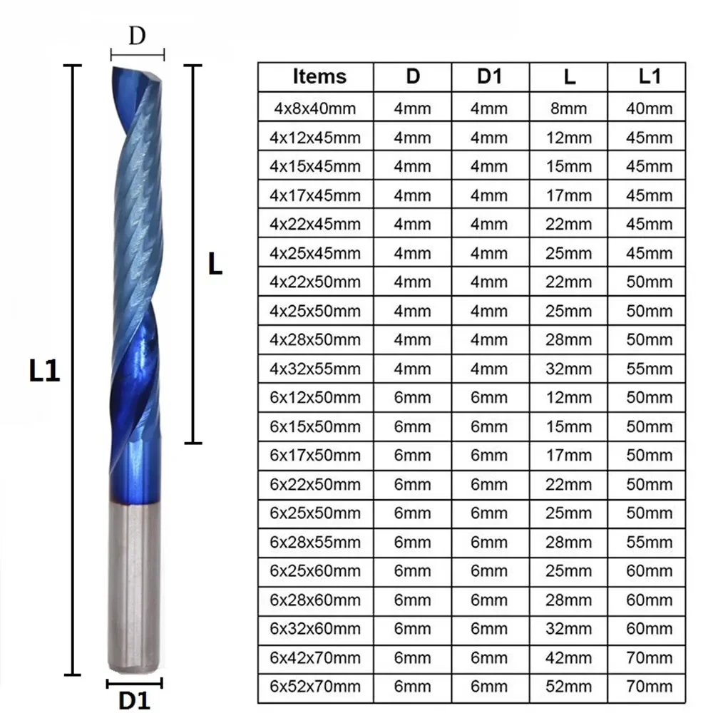 Pointe de tige revêtue bleue, fraise en bout à cannelure, routeur CNC, coupe unique, 1mm, 4mm