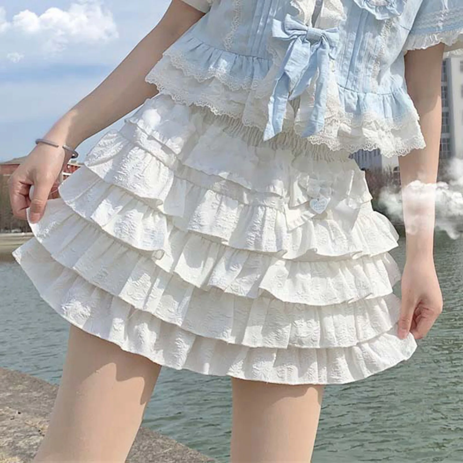 

Women's Sweet Lace Trim Layered Ruffle Shorts Elastic Waist Culottes Summer Lolita Gothic Kawaii Beach Bloomers Streetwear Girls