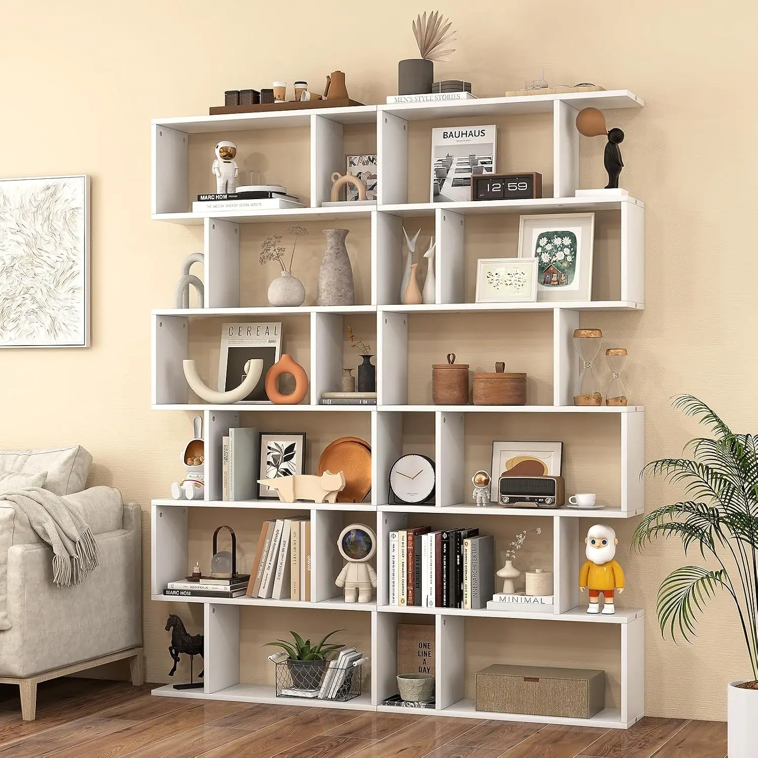 6 Tier Geometric Bookcase Room Divider S-shaped Wood Freestanding Shelf 75