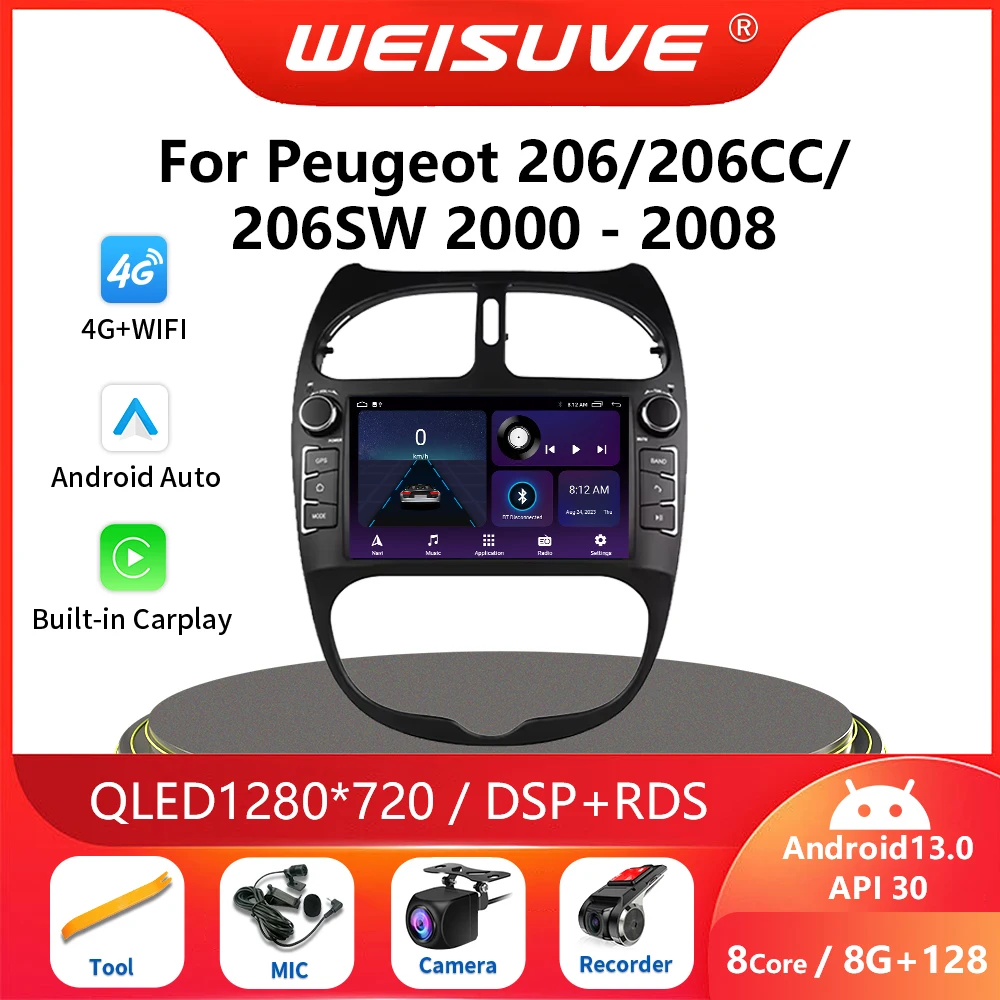 

Автомобильный радиоприемник 2 din Android 13 для PEUGEOT 206 206CC 206SW 2000-2008, автомультимедийный плеер, GPS, авторадио, Carplay Navi, 7-дюймовый экран