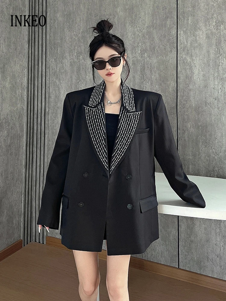 

Новый дизайн, блейзер с зубчатым воротником и бисером, 2025, черная куртка большого размера, офисная женская весенне-осенняя верхняя одежда INKEO 5O107
