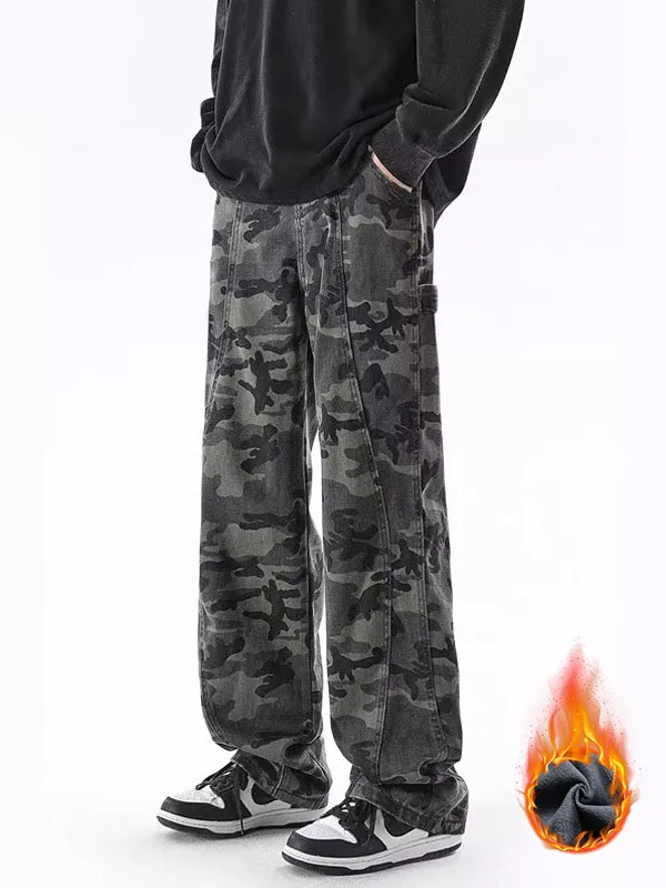 Men's Jeans Washed Camouflage Multi-pockets Straight Wide Leg Male Droop Denim Pants New winter baggy jeans Fleece lined pants