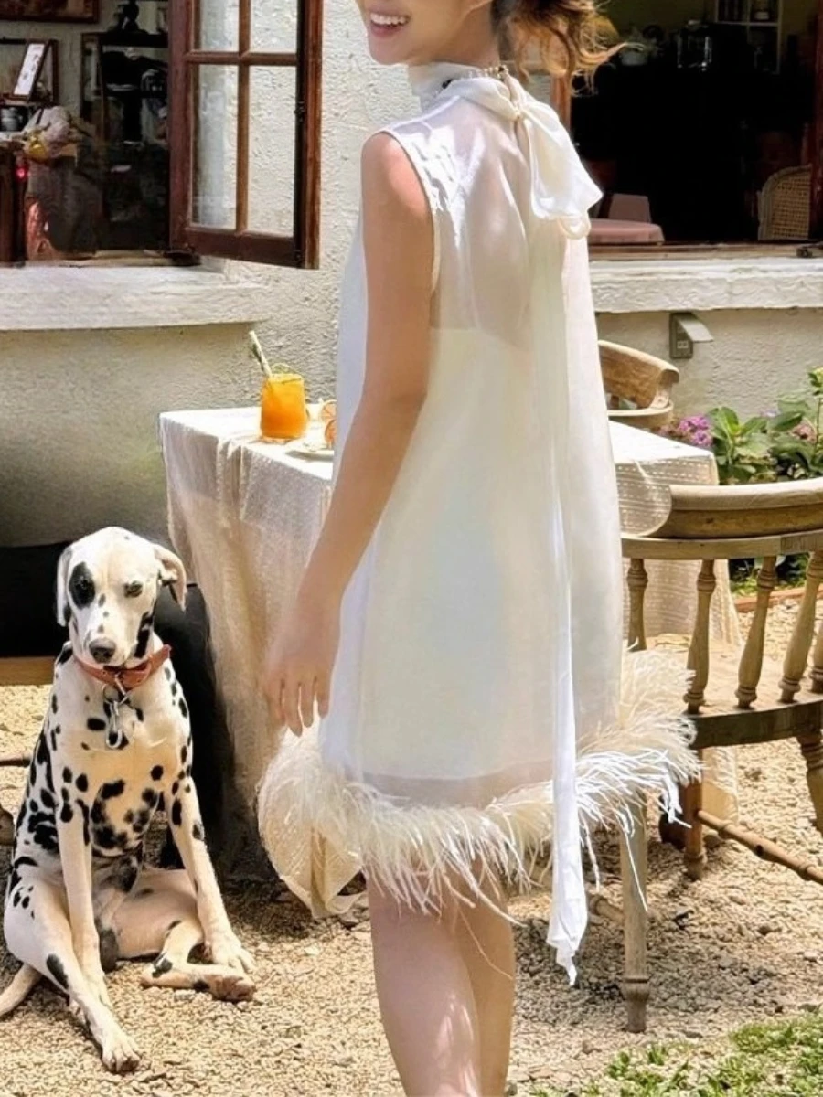 Twotwinstyle solto sheer emendado penas vestidos elegantes para mulheres em torno do pescoço sem mangas casual mini vestido roupas femininas novo