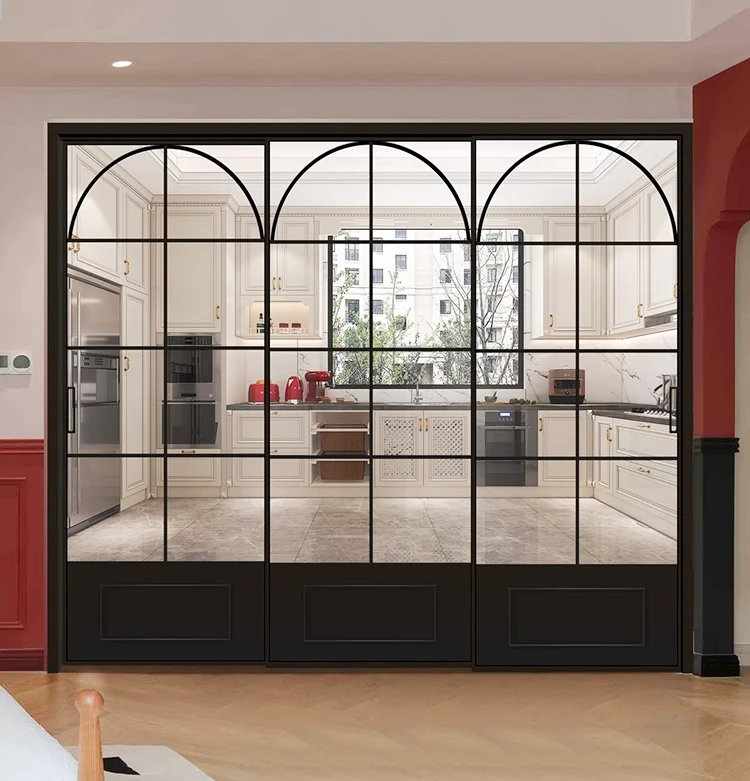 

French retro door, living room balcony, triple-action hanging rail, aluminum alloy, customized in glass sliding door