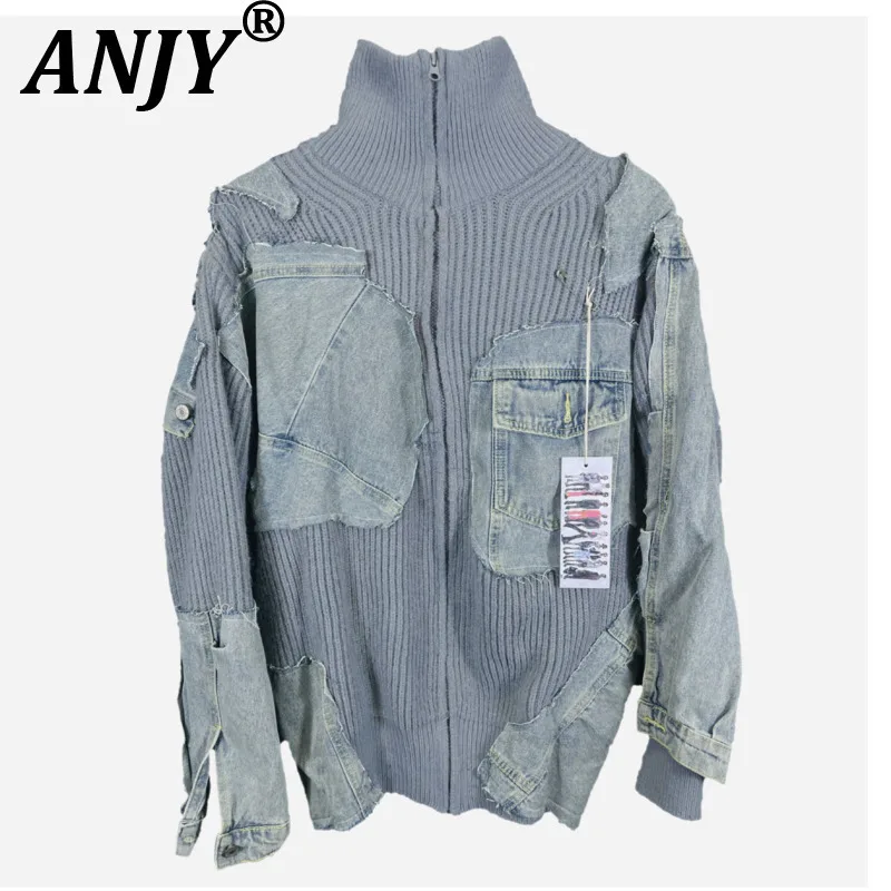 

ANJY Autumn Winter New Niche Design Thickened Turtleneck Zipper Patchwork Denim Jacket Trendy High-End Unisex Casual Coat A16093