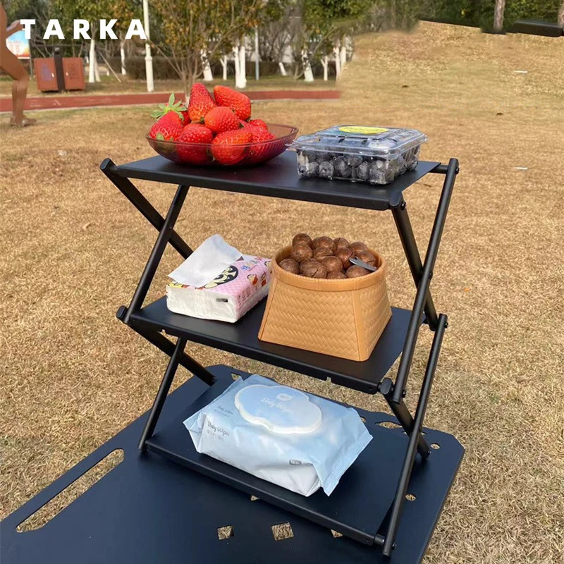 TARKA 3-Tier Foldable Camping Shelf Carbon Steel Multifunctional Storage Rack for Outdoor Picnic Home Desktop Folding Stand