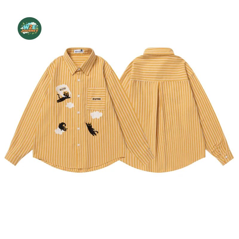 W2EJOURNEY Kemeja Lengan Panjang Motif Kucing Lucu Vintage Berkualitas Tinggi Ukuran EU US Mewah untuk Luar Ruangan Unisex Musim Gugur Kemeja Kasual Bergaris