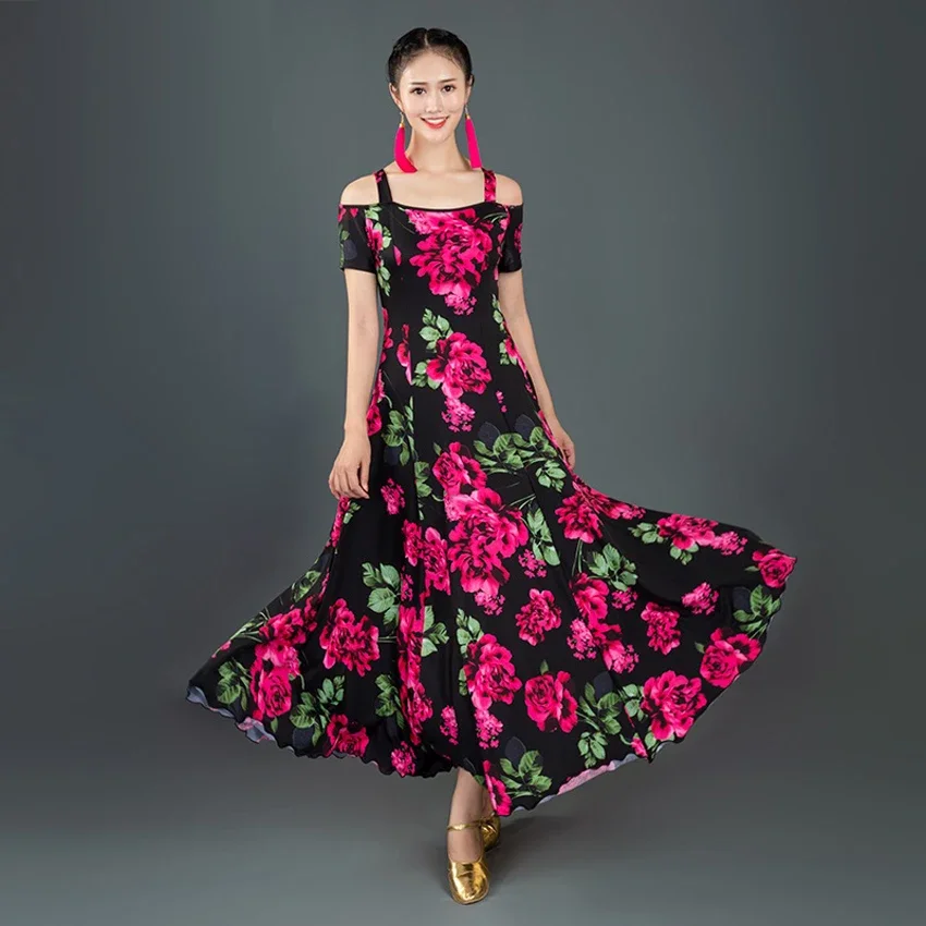 print short-sleeved Ballroom Dance Dress waltz dress for ballroom Dancing Tango Dance costumes Spanish Flamenco Dress