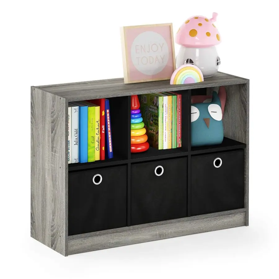 

Furinno Basic 3x2 Cube Storage Bookcase Organizer with Bins, French Oak Grey Black