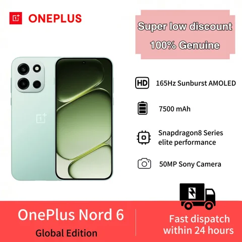 Смартфон OnePlus Nord 6, глобальная версия, 12+512 ГБ, аккумулятор 7500 мАч, Snapdragon 8 Series, 165 Гц, камера 50 МП, без зарядного устройства