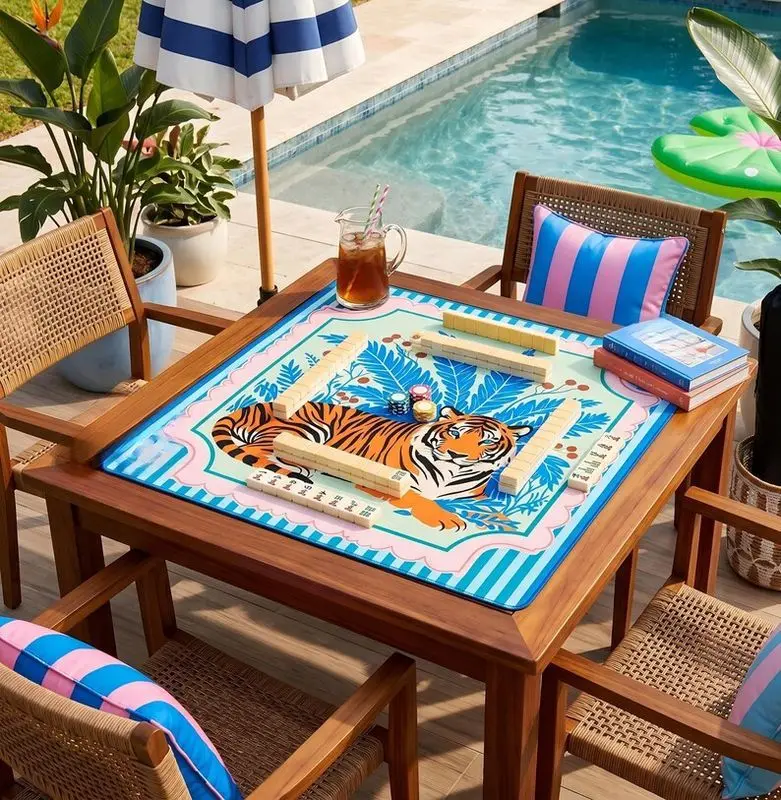 VIKAMA Striped Pink Tiger Tropical Mahjong Mat Wear Resistant Zoned Pad Balcony Vacation American Domino Cover