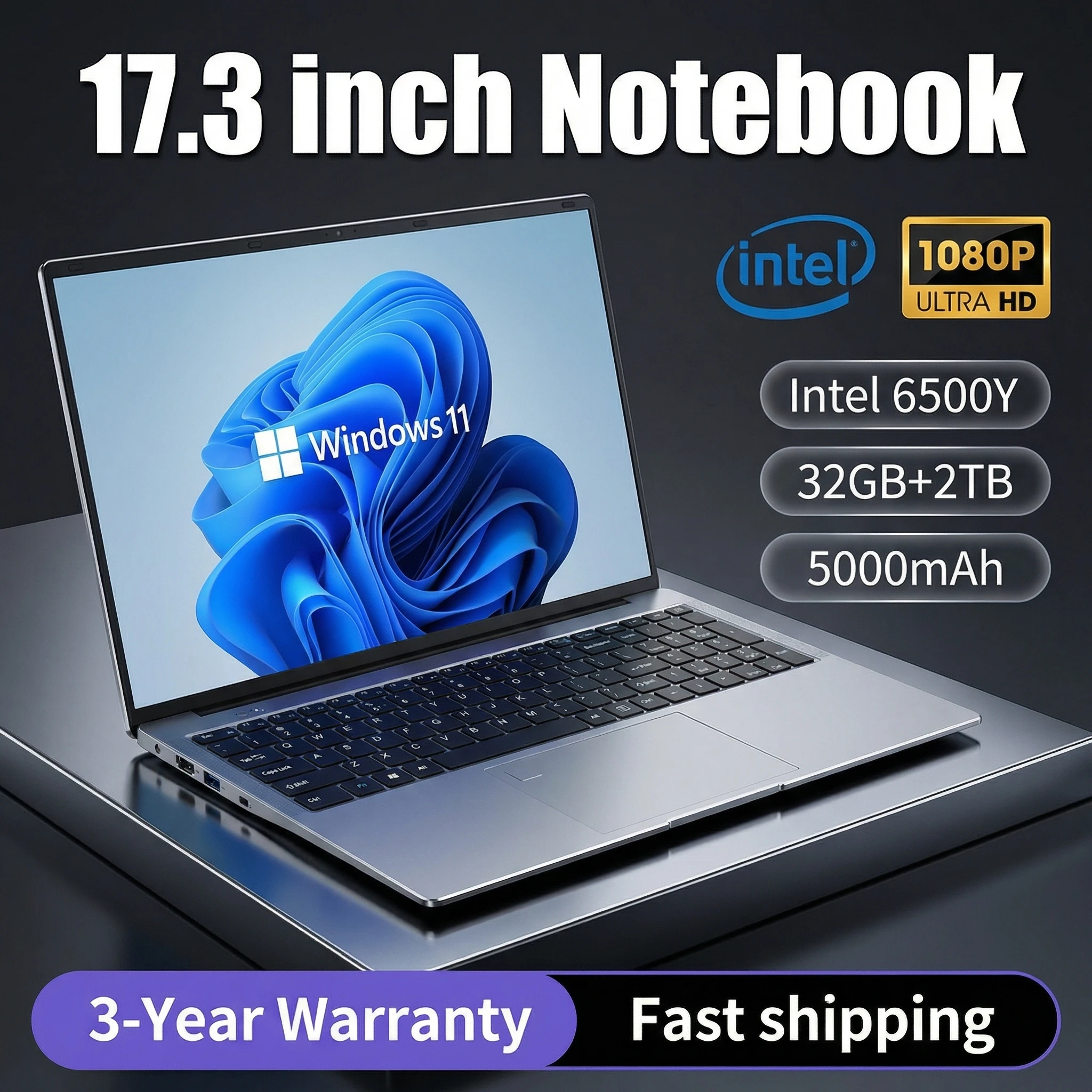 Portátil de 17.3 Pulgadas con Intel Pentium 6500Y, 32GB, 2TB, Windows 11, Pantalla Grande, Desbloqueo por Huella Dactilar, para Oficina y Juegos