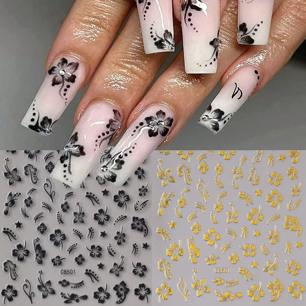 2 folhas de ouro preto 5d hibisco flor adesivos de unhas conjunto em relevo retro elegante cinco pétalas flor autoadesivo prego declas slider