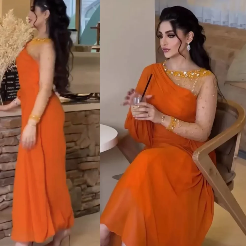 

A-line Exquisite Evening Dresses Embroidery Chiffon Off-the-shoulder Prom Dresses Anke length Saudi Arabia Wedding Party Dress