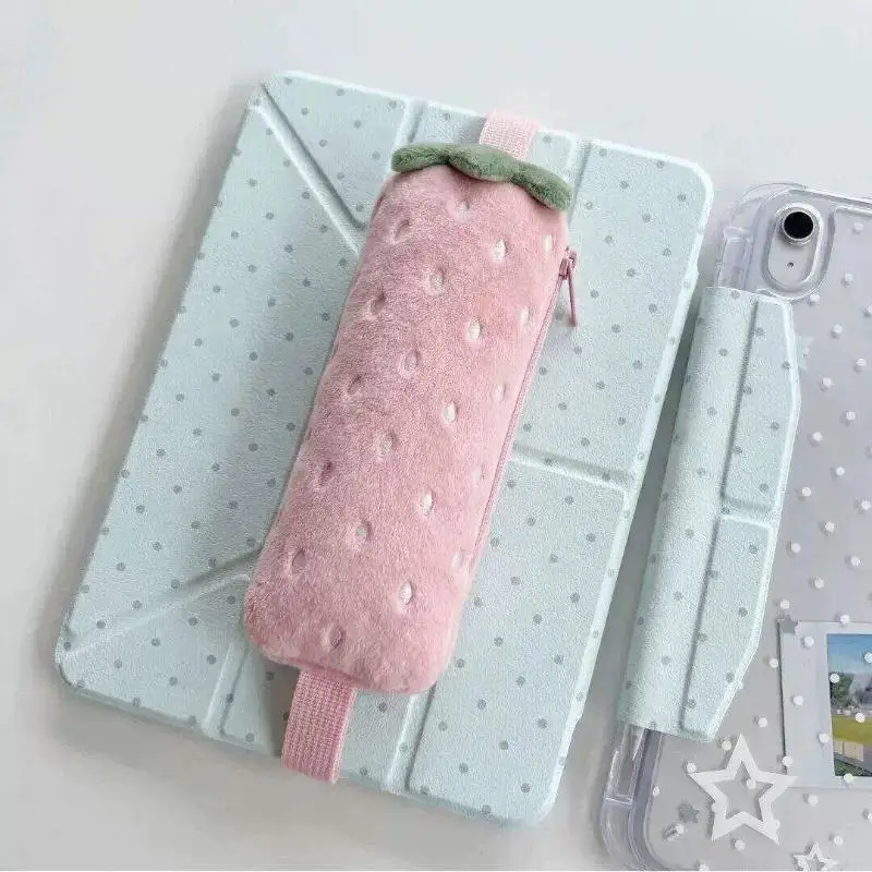 Cute Plush Strawberry Pen Bag: Strap Top Large Capacity Exquisite Student Stationery Pouch