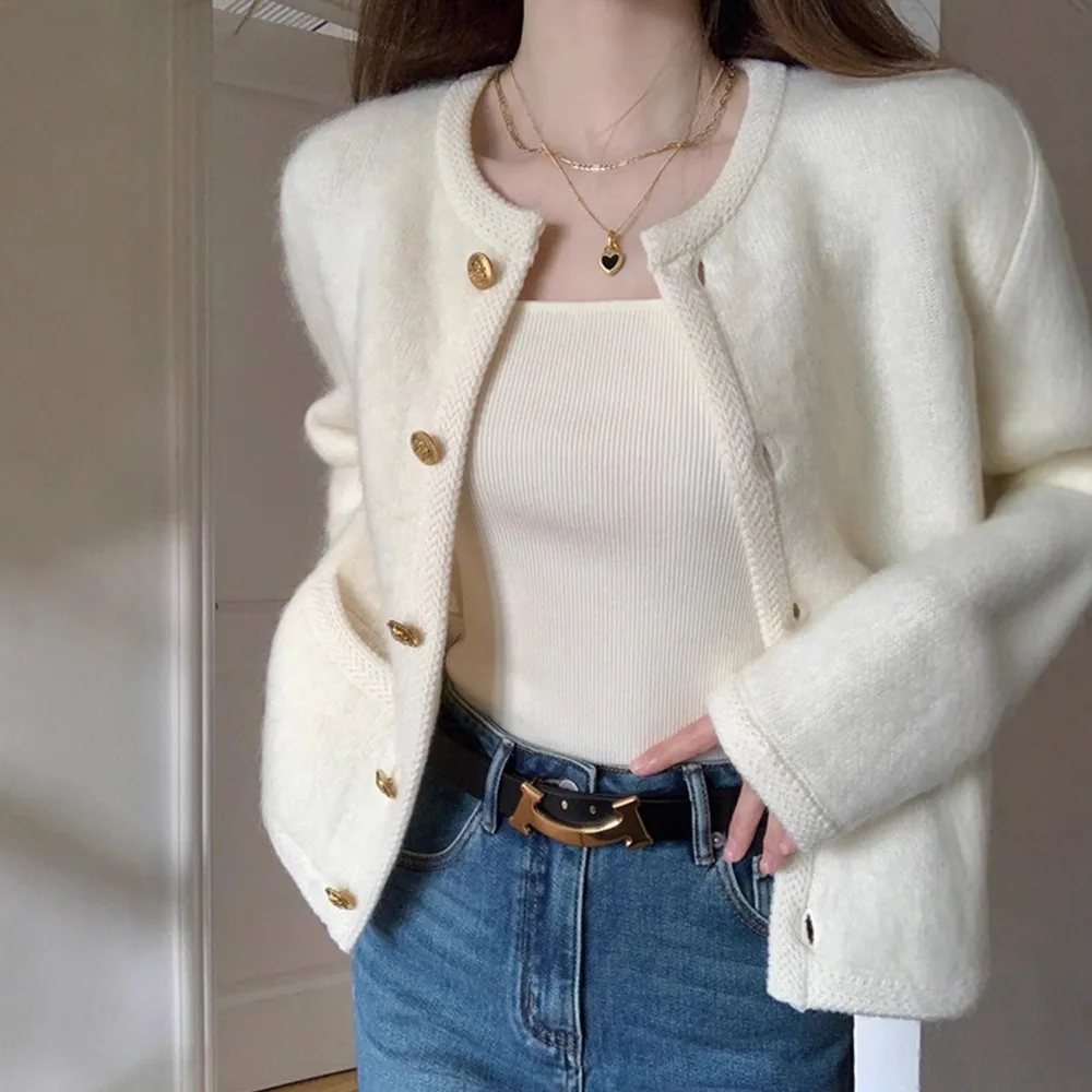 Women  White Knit Cardigan, Crew Neck Gold Button Fuzzy Sweater Coat, Elegant Tweed Style Loose Outerwear