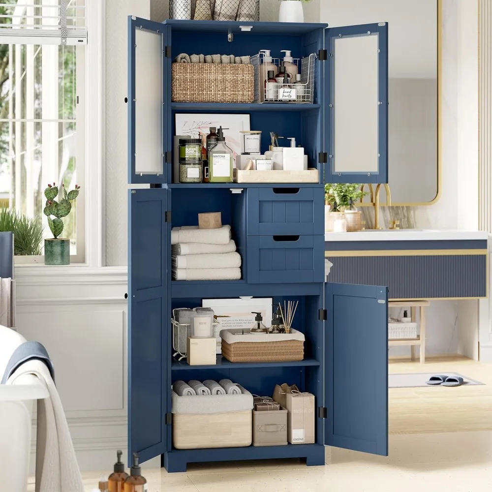خزانة حمام بطول 67 بوصة مع أبواب زجاجية وأرفف قابلة للتعديل، وخزانة من الكتان ومخزن المطبخ مع درجين