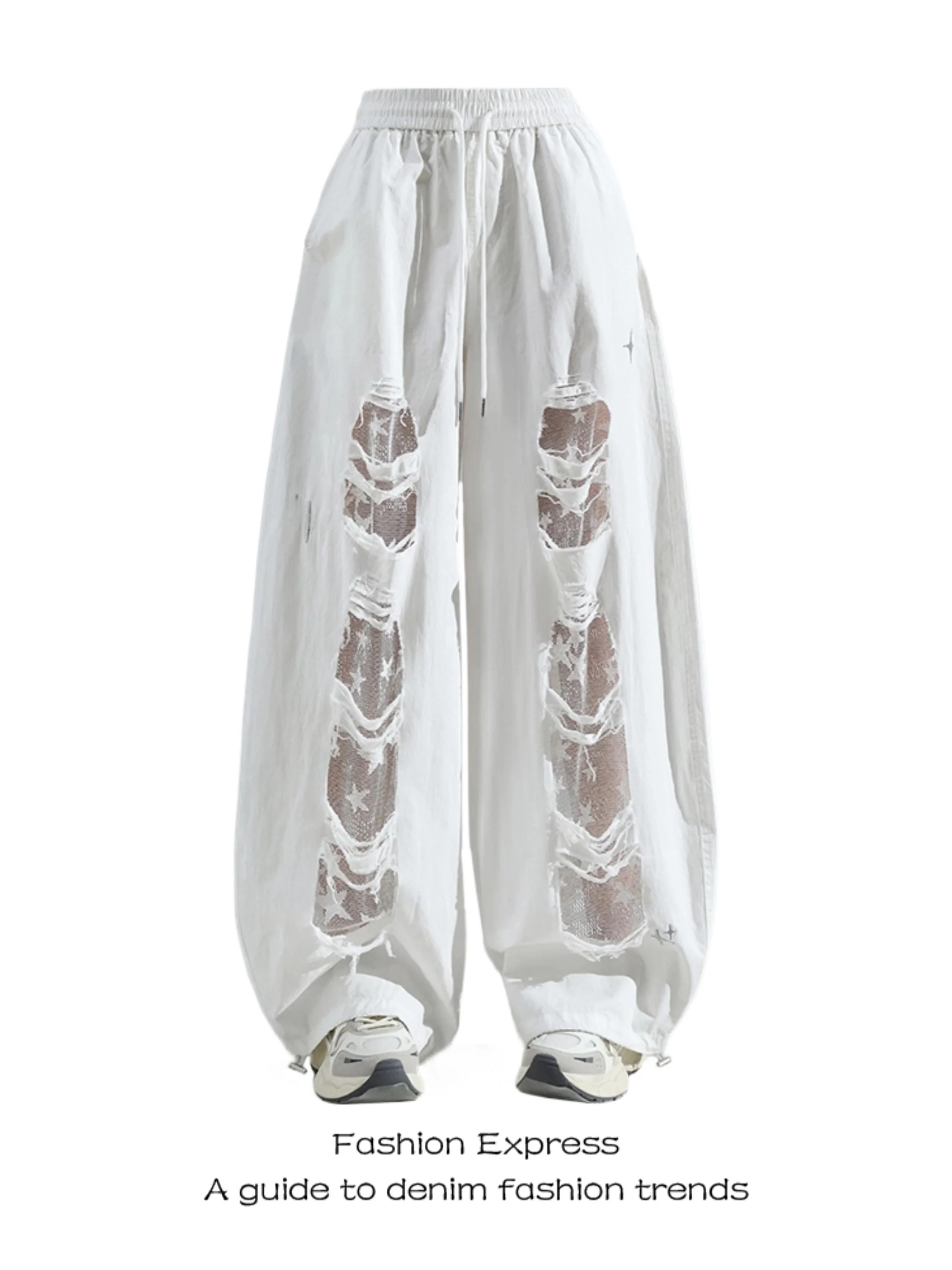 Ruffle Star Splice Pants High Waist Wide Leg Jeans Women's Summer White Lace Patchwork Cut out Design Casual Denim Jeans
