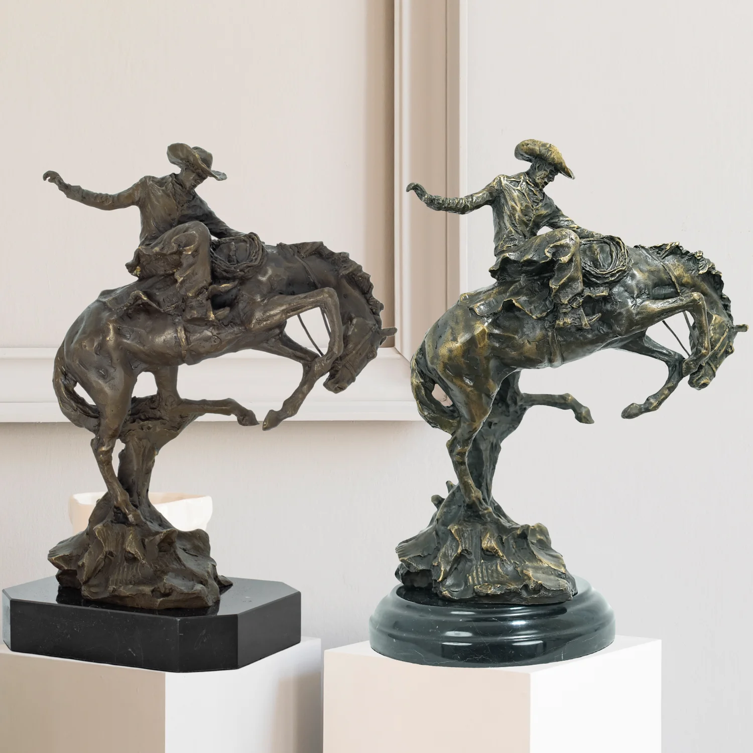 

Western Art Bronze Cowboy on Horse Statue Inspired Famous Frederic Remington Cowboy Sculpture For Home Decor Collection Gift
