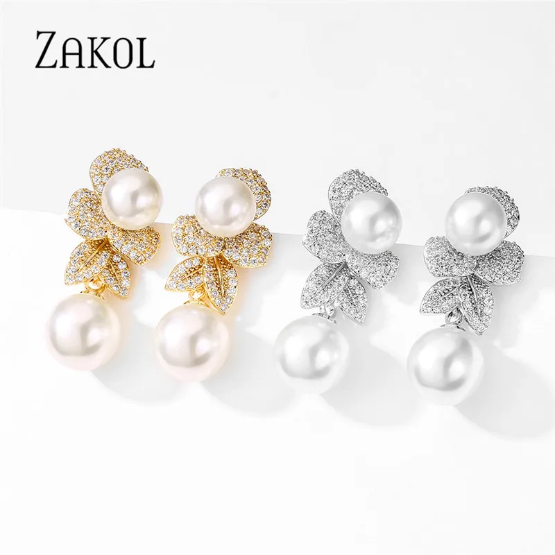 ZAKOL New Temperament Shiny Micro-inlaid Cubic Zirconia Pearl Drop Earrings Luxury Leaf Engagement Party Jewelry for Women