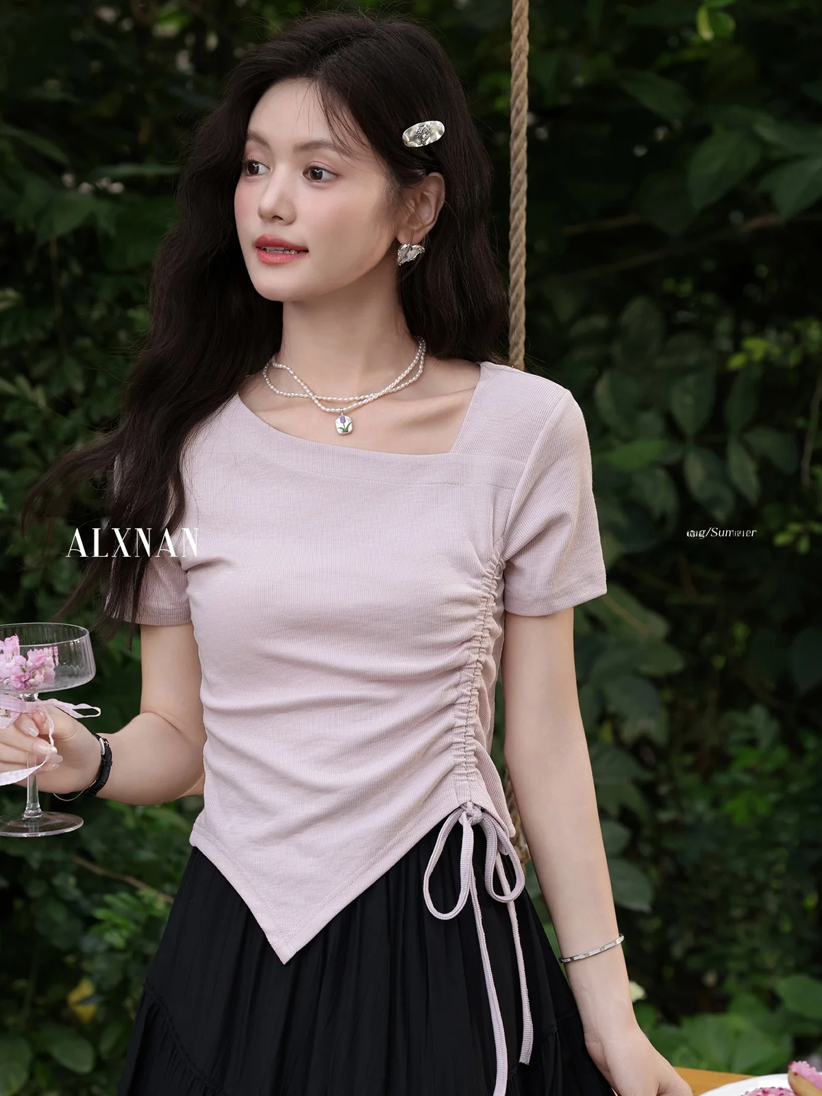 

Unique Dstring ort Sve T-irt Women's Purple Irregular Garden Glaze Sle Summer Casual Loose Fit Creative Pattern