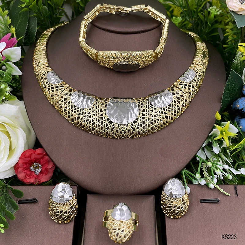 

Dubai fashion Jewelry Two tone hollow design Necklaces Set For Women On Neck Elegant Jewelry Sets Bride Wedding Party Accesso