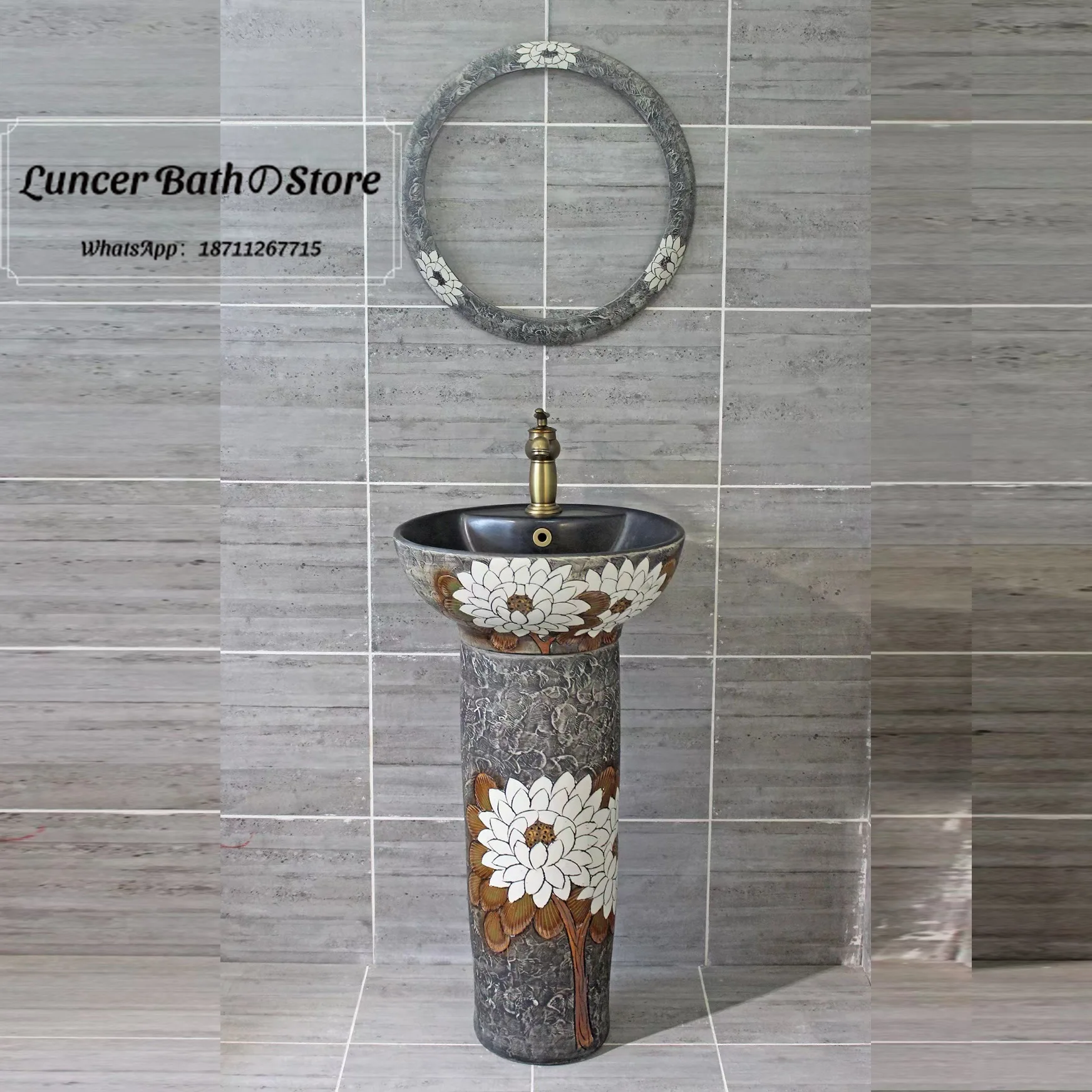 Floor Standing Blue and White Porcelain Washbasin Traditional Ceramic Pedestal Sink with Faucet Hole for Bathroom Balcony Decor