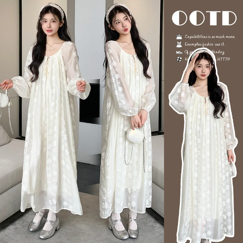 

Летнее платье для беременных 2026: Белое кружевное платье с цветочной вышивкой в нежном французском стиле для отпуска