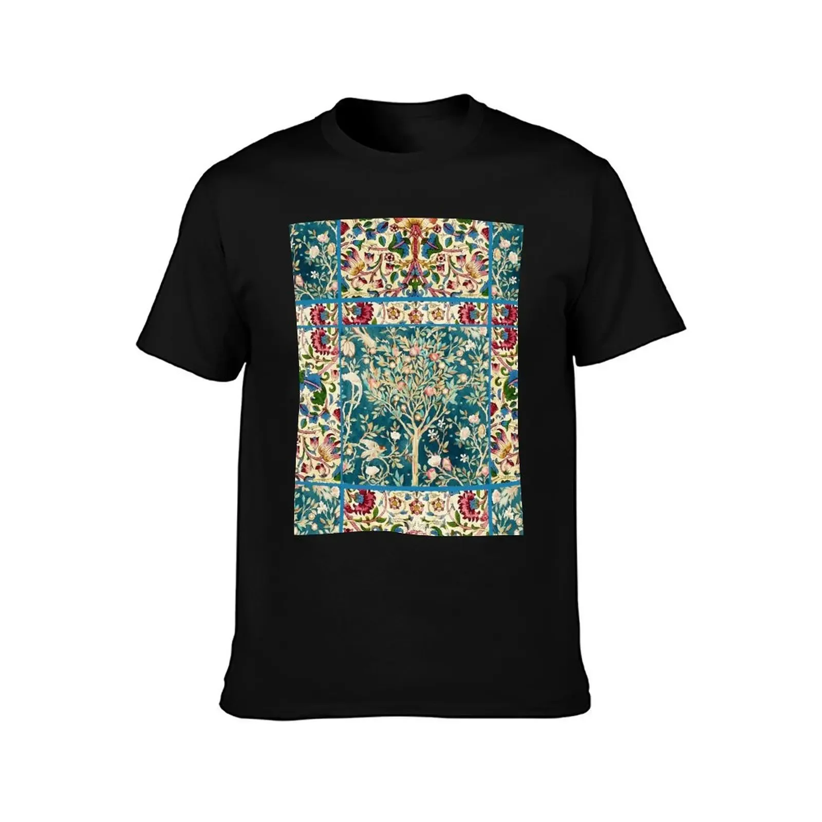 POMEGRANATE TREE BIRDS, FLOWERS, GREEN LEAVES Art Nouveau Floral Tiles T-Shirt oversized graphic tee t shirts for men