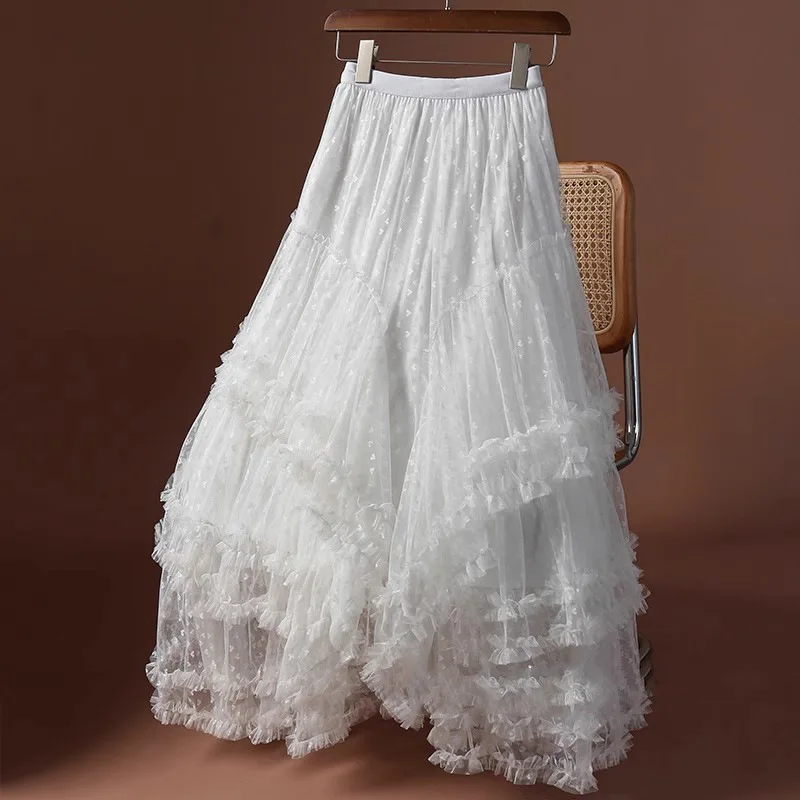2026 Fashion Jacquard Love Mesh Skirt Women's Summer Lace Party Maxi Skirts Streetwear Elastic Waist A-line Ball-gown Skirts