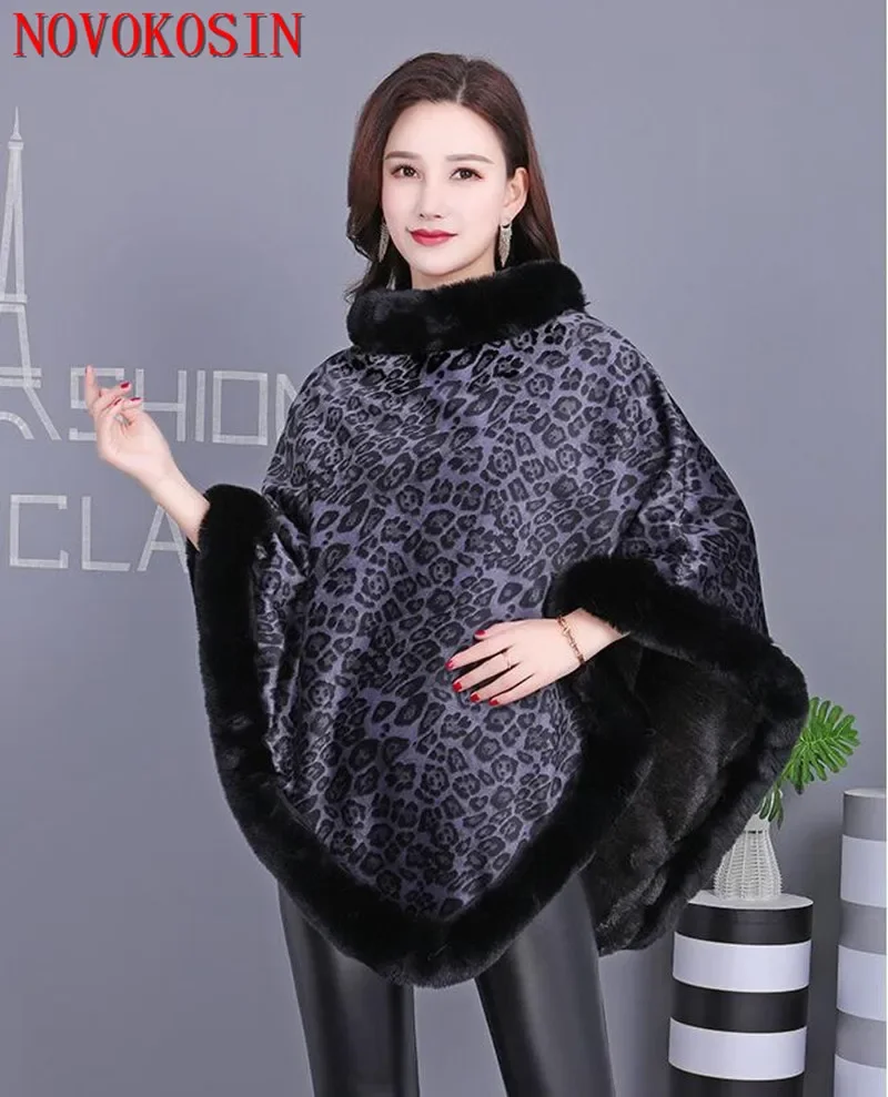 2024 Winter Warm O Neck Faux Kaninchen Fell Dicken Mantel Frauen Leopard Print Schal Capes Plüsch Poncho Plus Größe Samt Pullover mantel