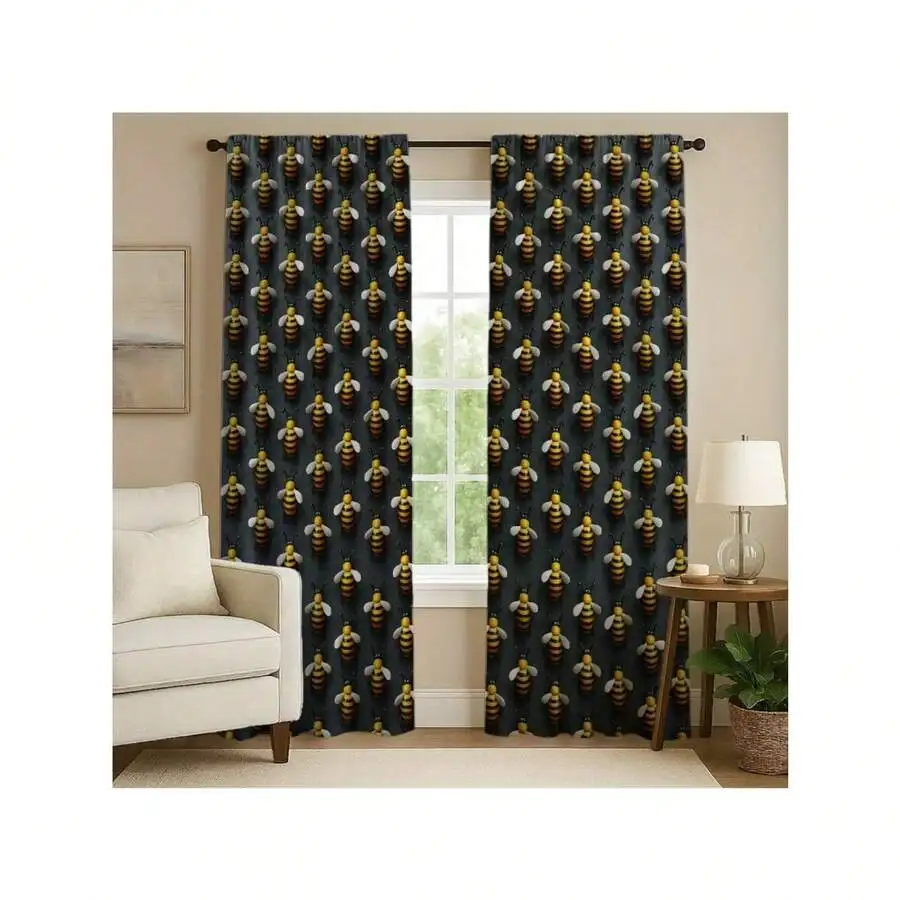 Bee Pattern Blackout Curtains 2 Panels Polyester Living Room Bedroom Window Decoration