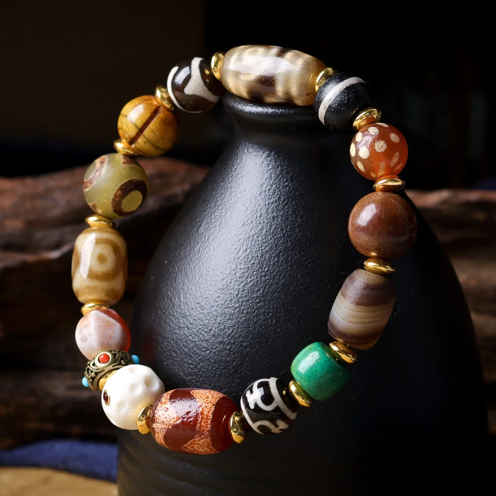 Antique Tibetan Bead Deer Antler Yak Bone Single-Strand Bead Twisted Agate Multi-Gem Bracelet Ethnic Style Bracelet