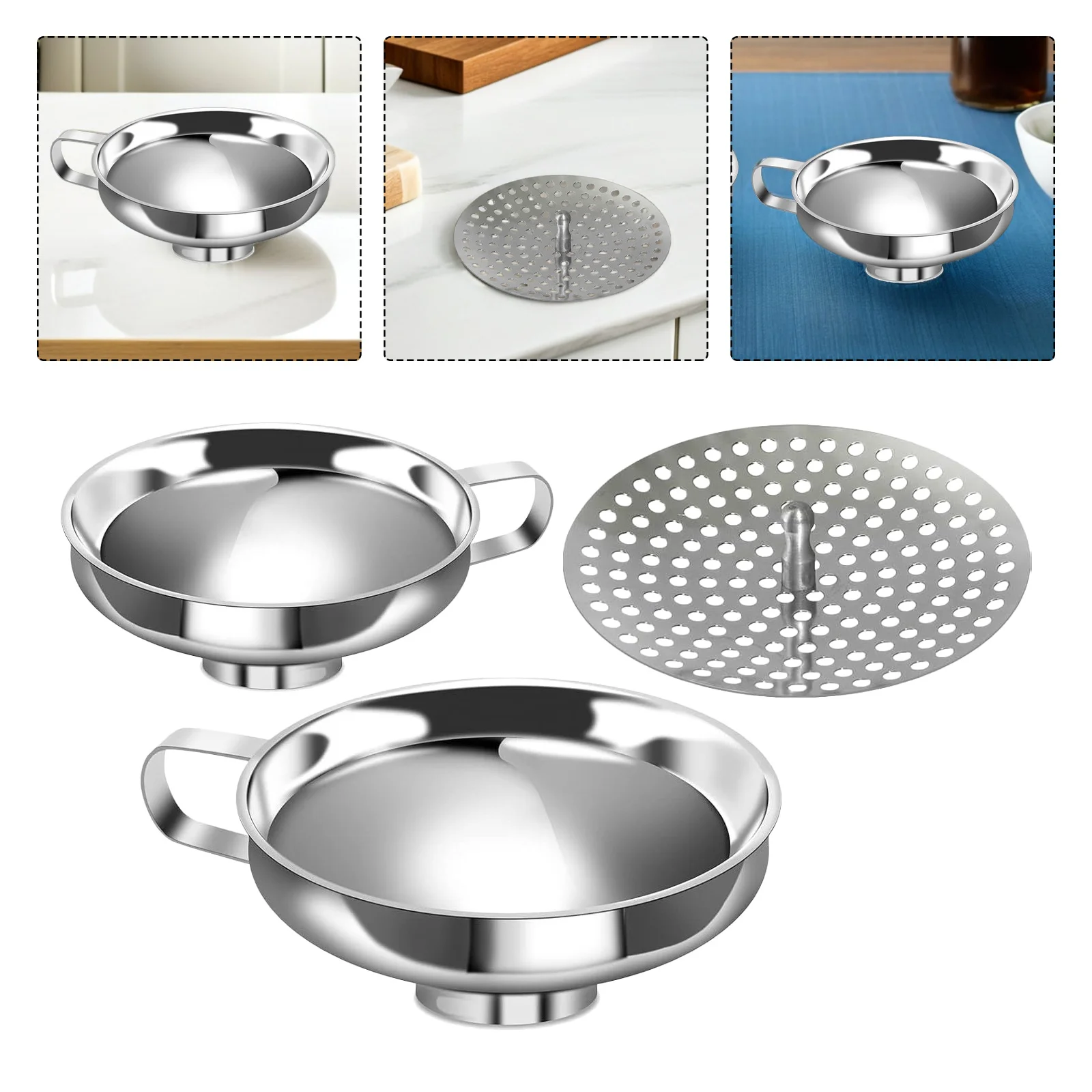 

3Pcs Kitchen Canning Funnel Stainless Steel Wide Mouth Funnel with Strainer for Mason Jars Oil Sugar Flour Grains Transfer