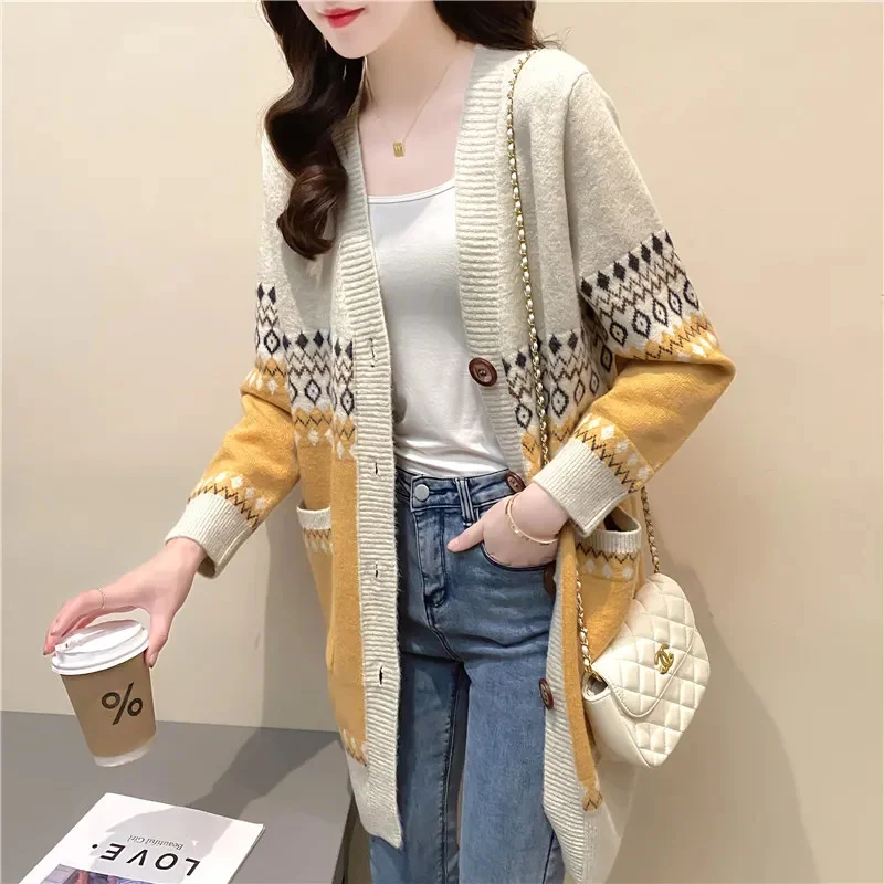 Spring, Autumn Sweater Jacket Women Cardigan Mid-length Knitwear 2025 New Jacquard Button Cardigan Knitted Top Women Button Coat