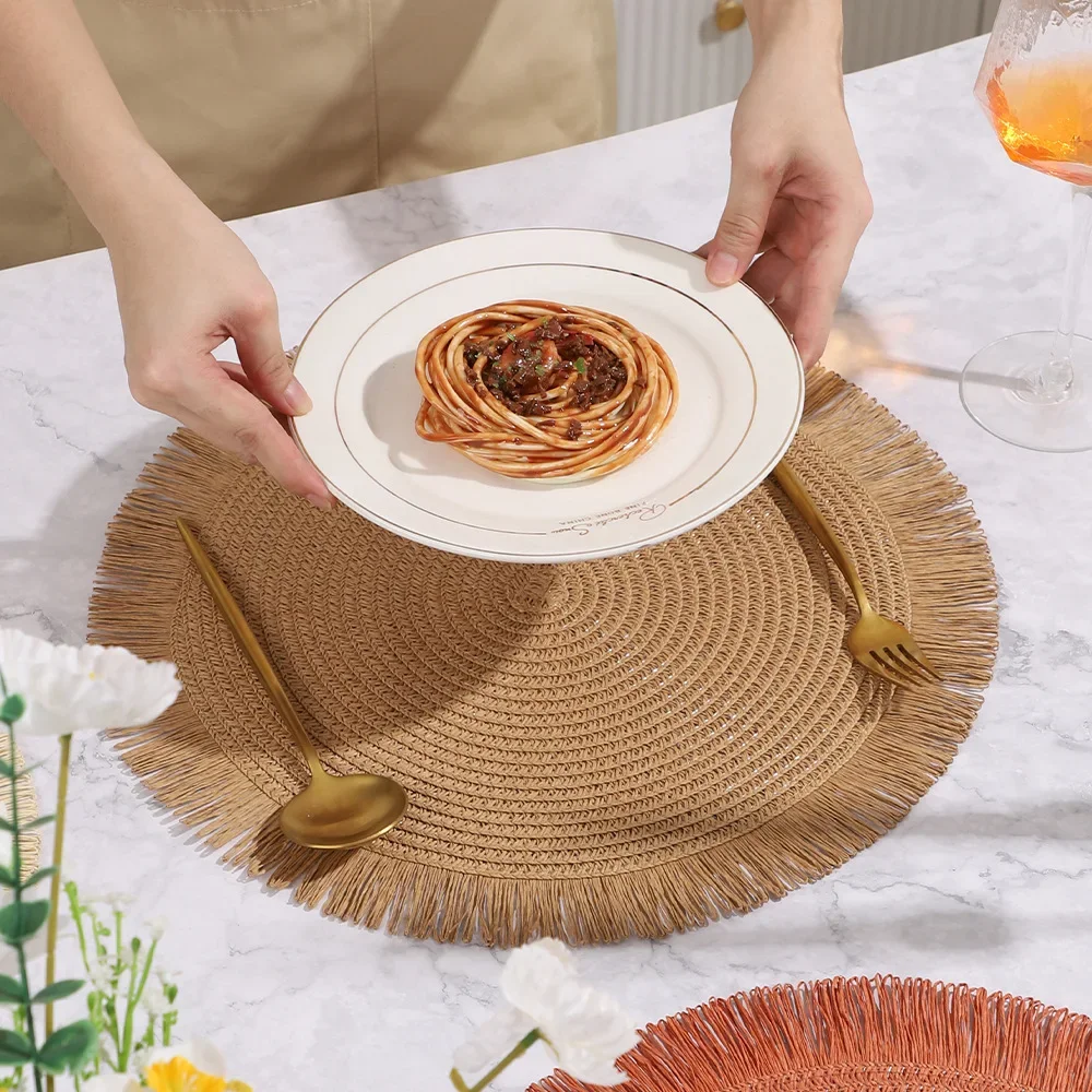 Tassel Paper Woven Placemat Solid Color Circular Lace Anti Slip Placemat Environmentally Friendly Coffee Dining Table Decor Mat
