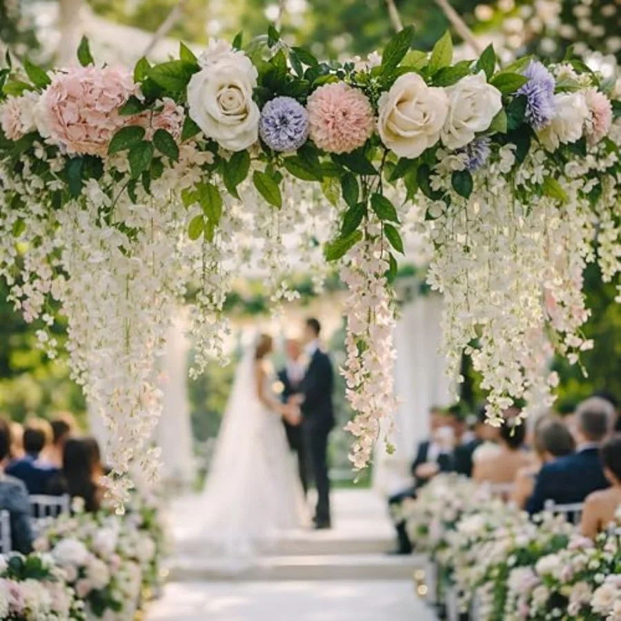 

Wisteria Hanging Flowers Wedding Decor 31'' Wisteria Flower Chandelier Artificial White Flowers Canopy with Hoop for Wedding Ba