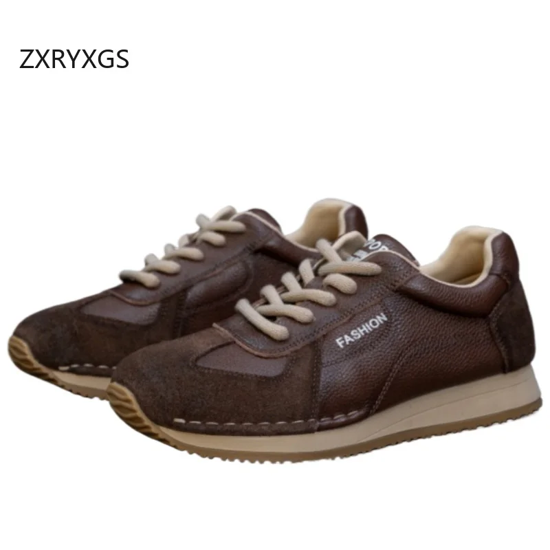ZXRYXGS 2026 New Premium Cowhide Spell Colors Travel Shoes Women Full Real Leather Sneakers Trend Shoes Fashion Casual Sneakers